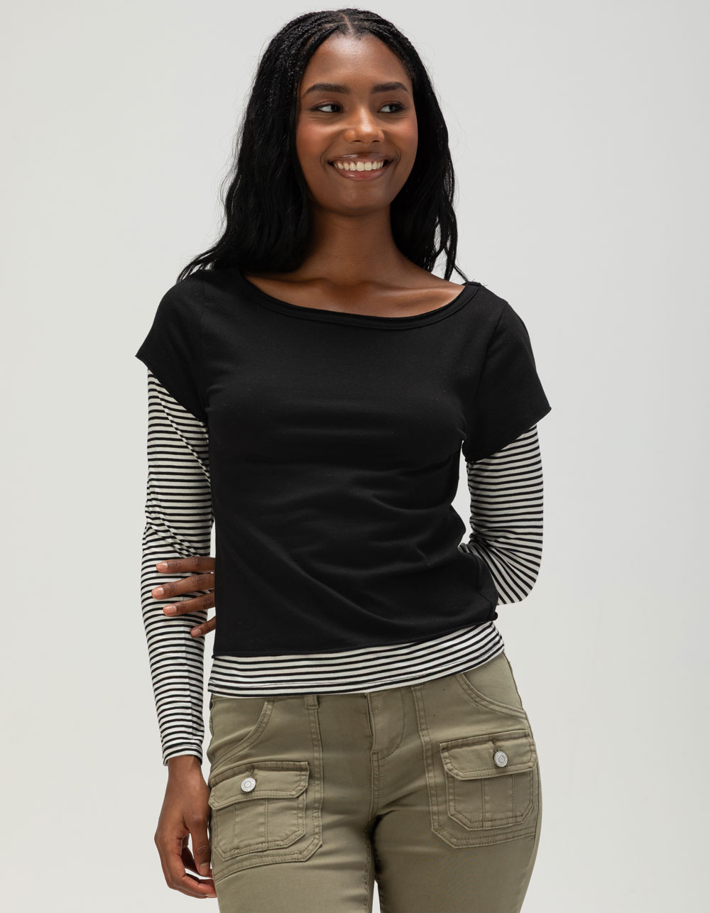 FULL TILT Stripe Womens Long Sleeve 2fer Tee - BLK/WHT