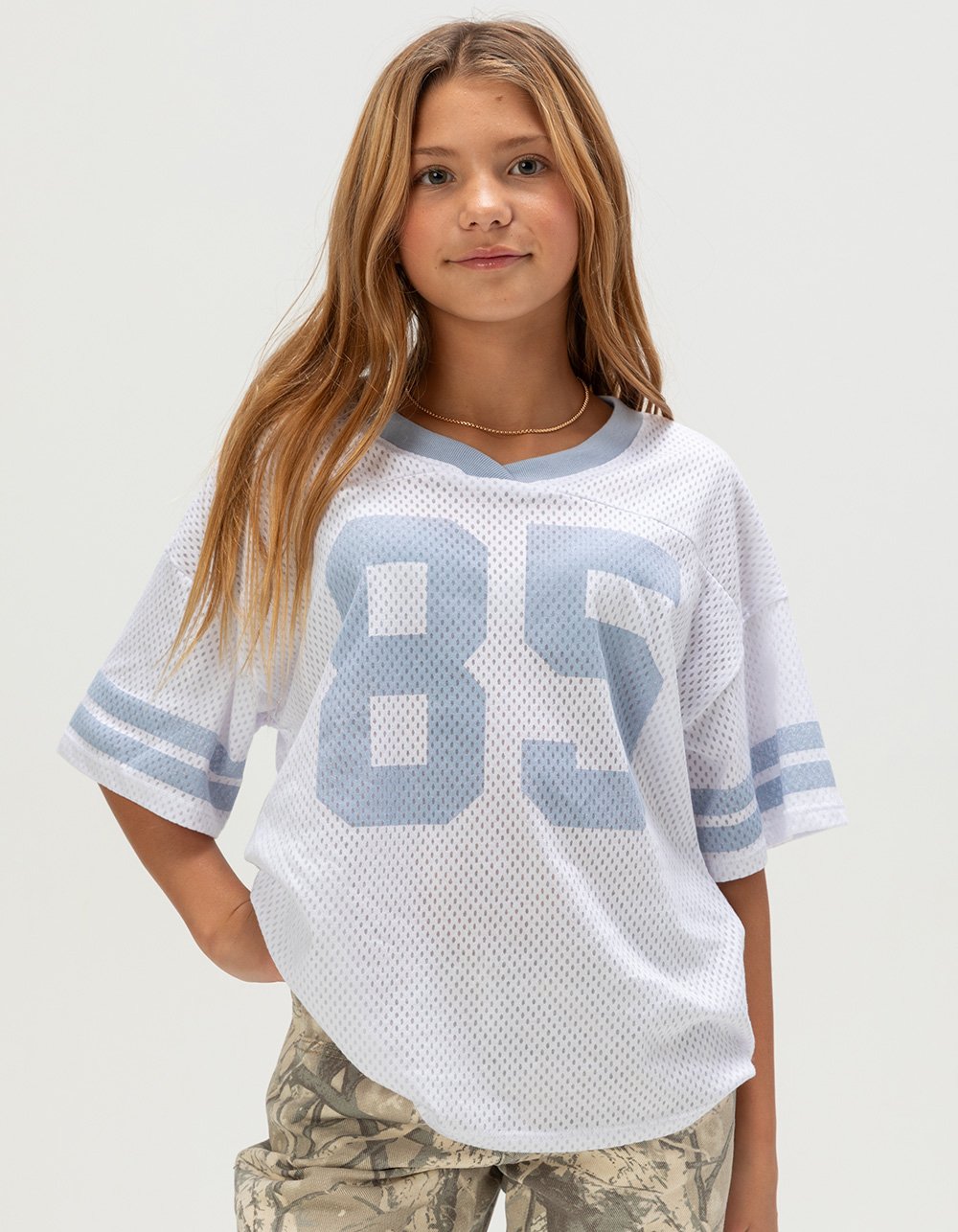 FULL TILT 85 Stripe Girls Mesh Tee - WHITE