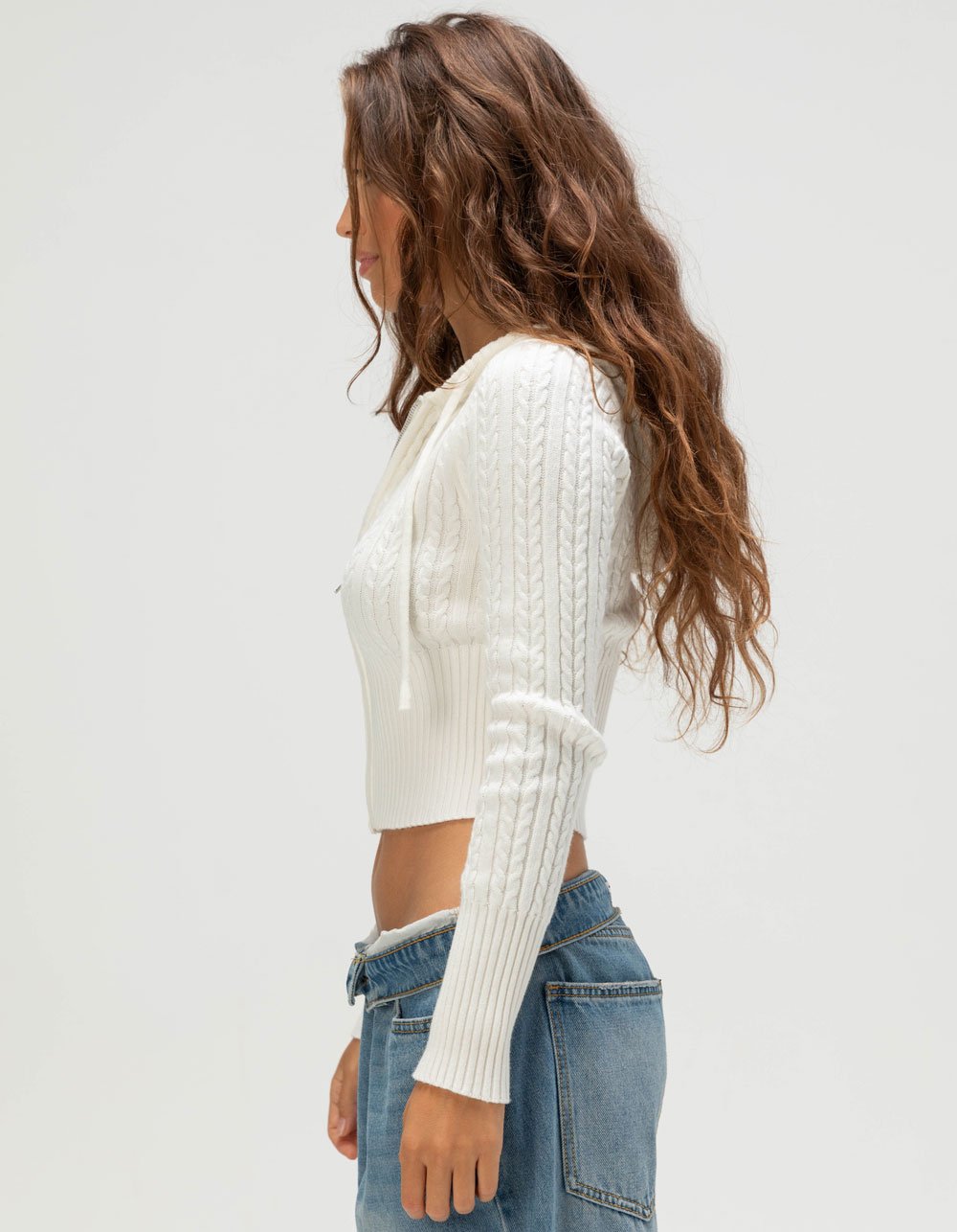 RSQ Womens Cable Knit Zip-Up Hooded Sweater - CREAM