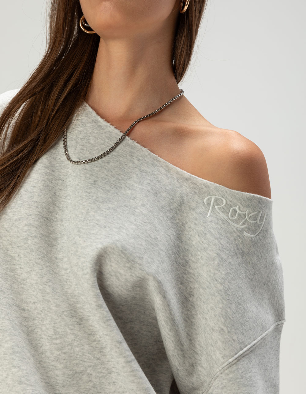 ROXY Wave Break Womens Off The Shoulder Sweatshirt - HEATHER GRAY