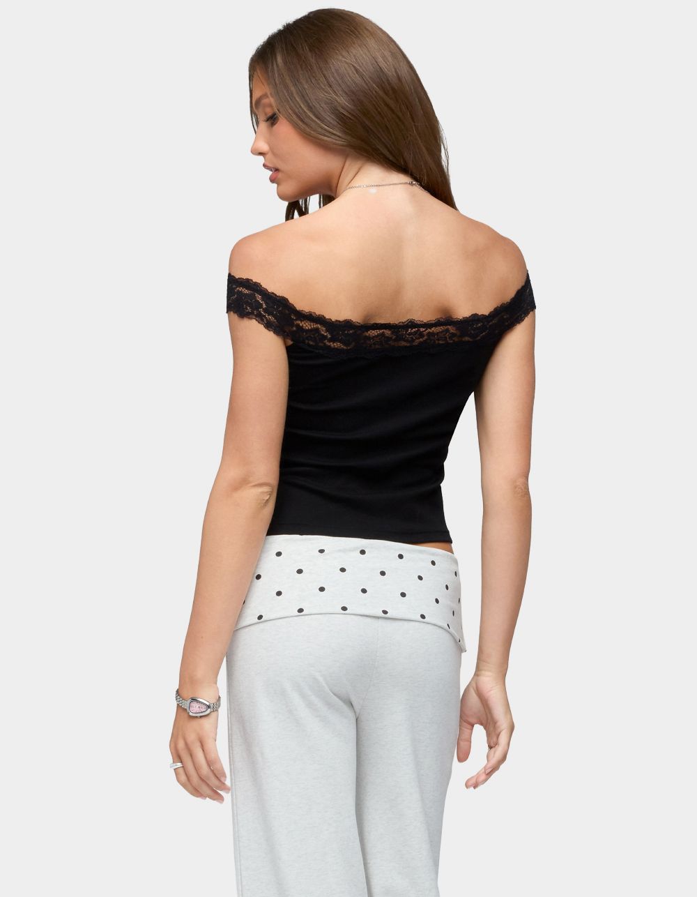 EDIKTED Freyah Lacey Off Shoulder Top - BLACK