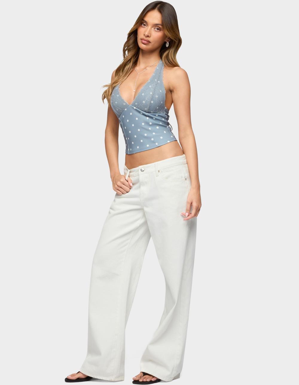 EDIKTED Lacey Polka Dot Lace Up Halter Top - GRAY