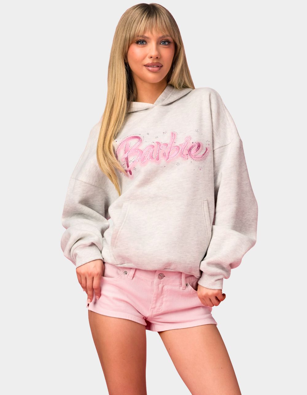 EDIKTED Barbie™ Rhinestone Oversized Hoodie - LIGHT GRAY