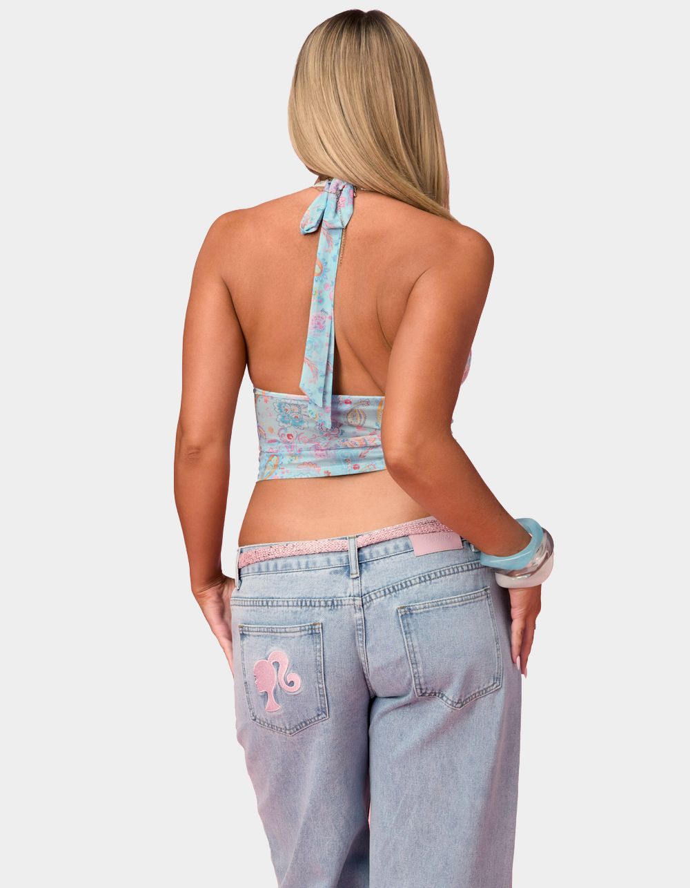 EDIKTED Barbie™ Fever Paisley Mesh Halter Top - LIGHT BLUE