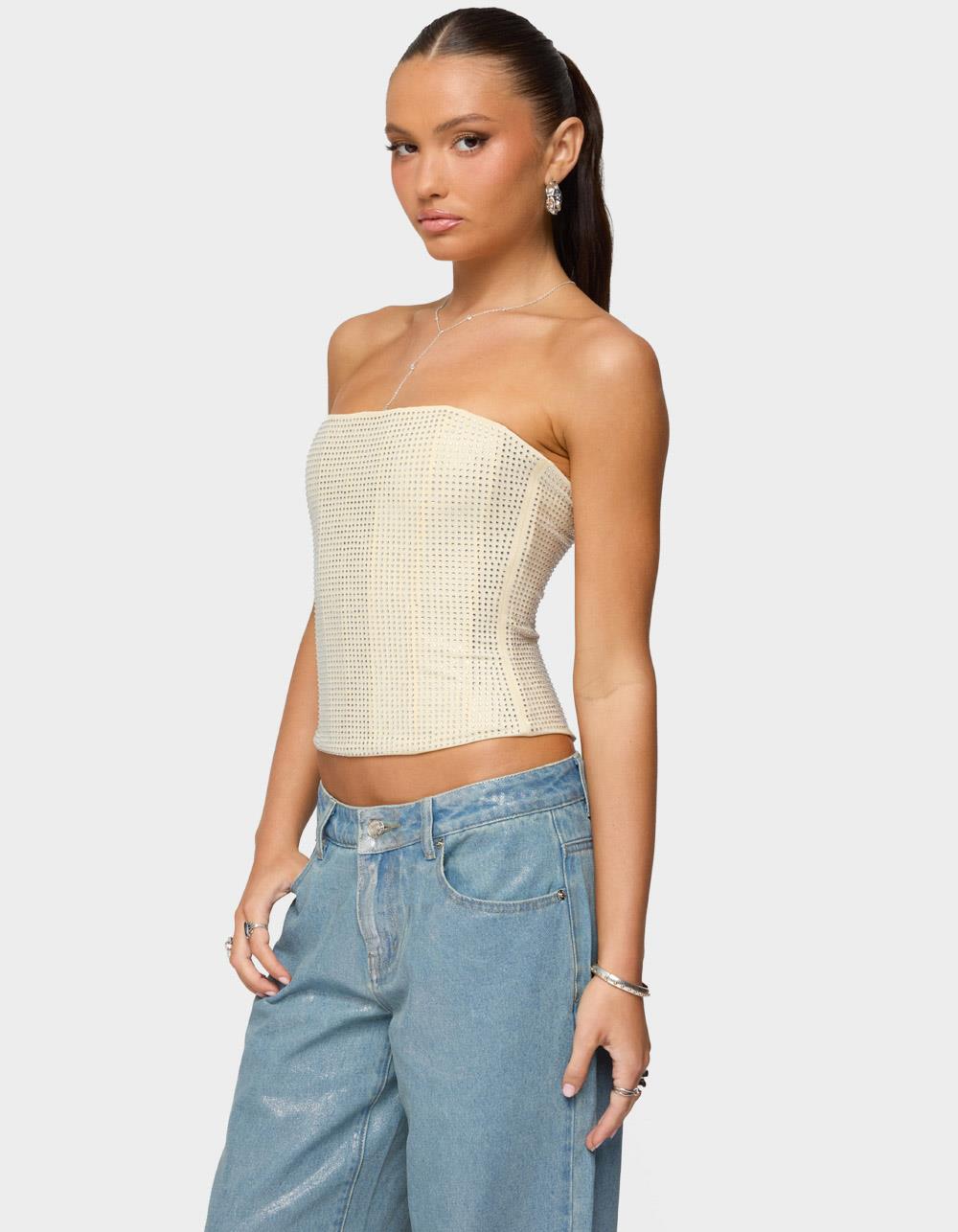 EDIKTED Vezza Strapless Rhinestone Corset - BEIGE