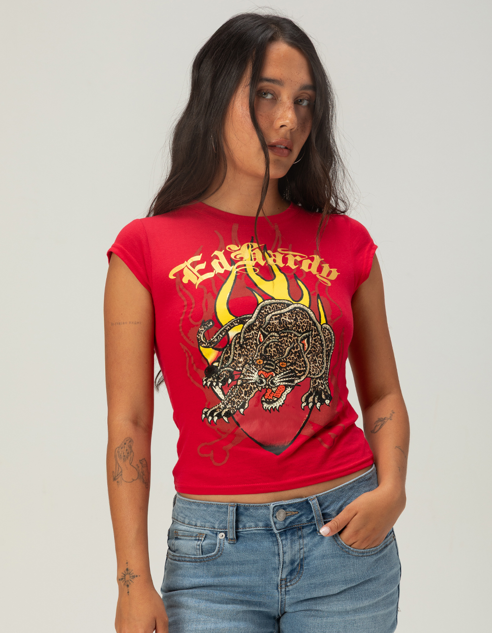 ED HARDY Leopard Panther Womens Cap Sleeve Tee - RED