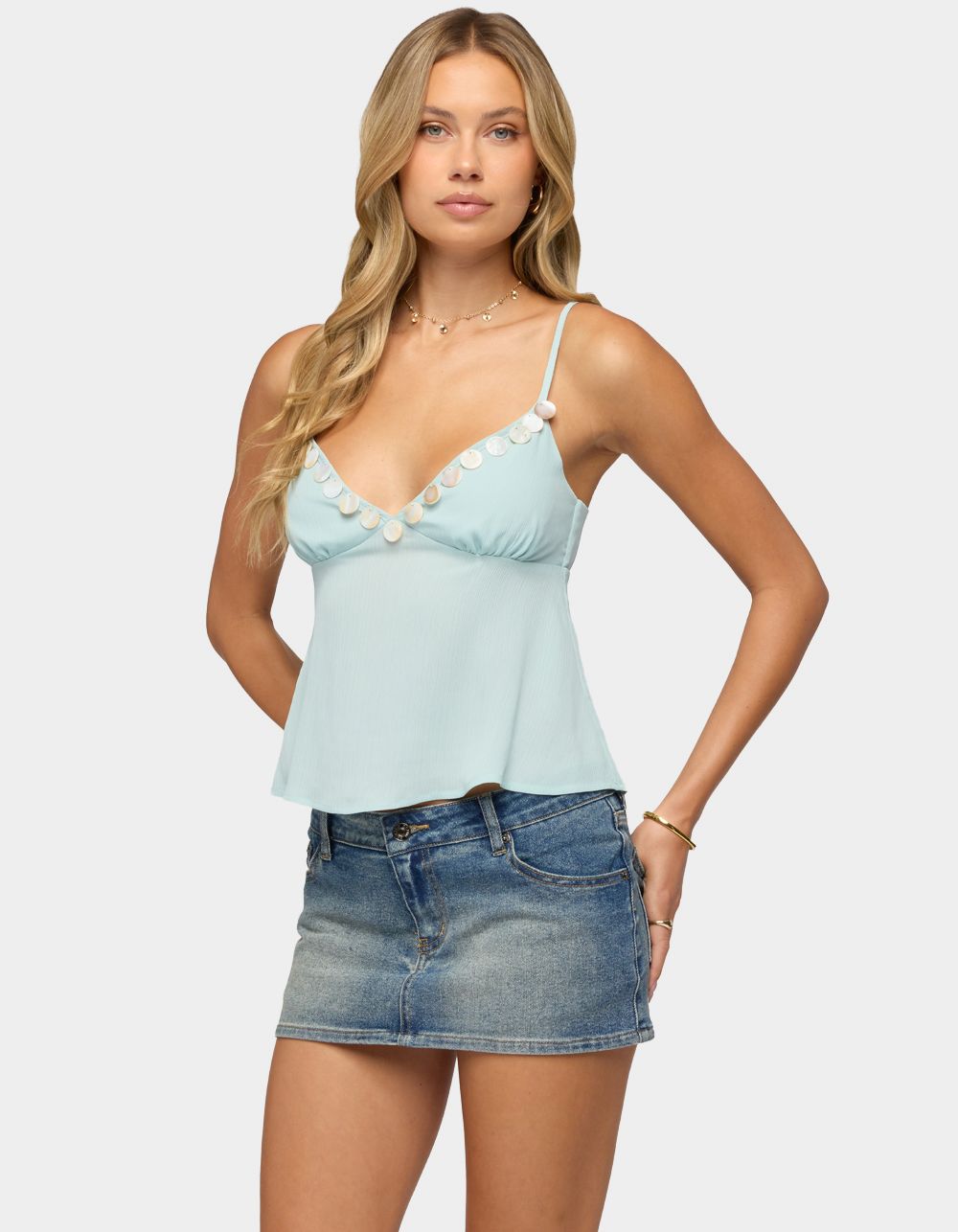 EDIKTED Willah Coastal Charm Babydoll Top - LIGHT BLUE