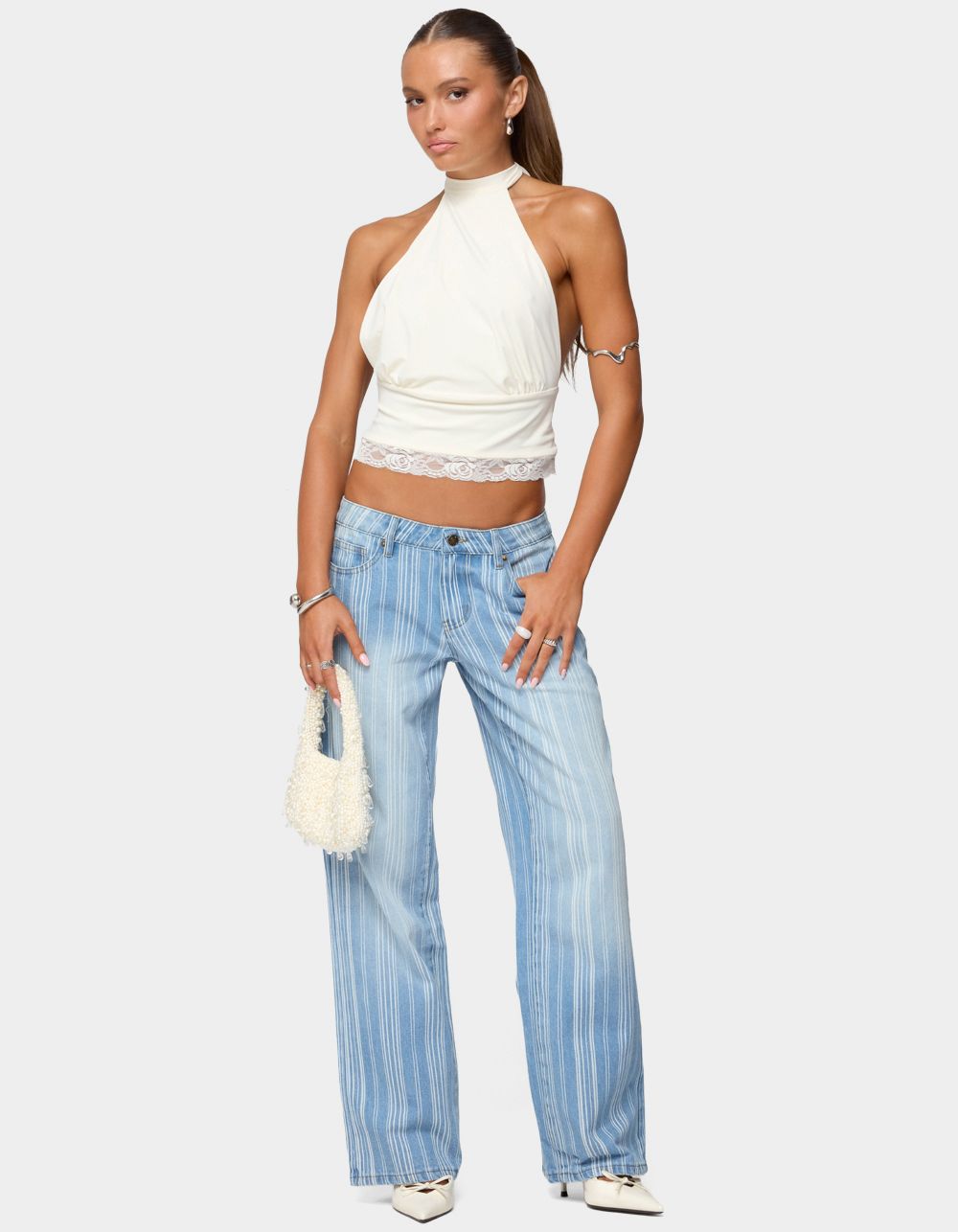 EDIKTED Tera Striped Low Rise Jeans - LIGHT BLUE
