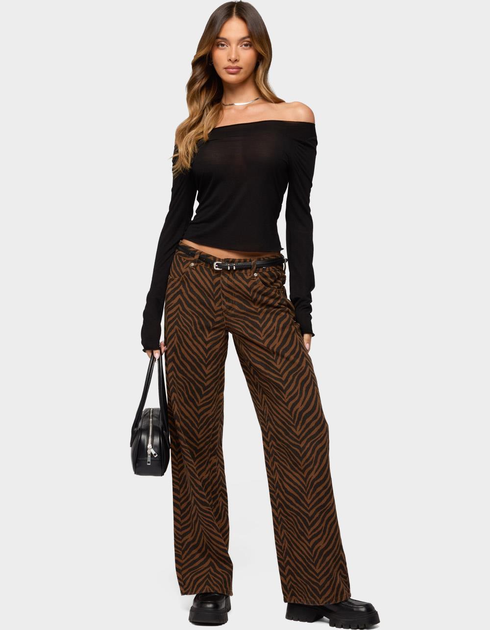 EDIKTED Zebra Print Low Rise Baggy Jeans - BROWN