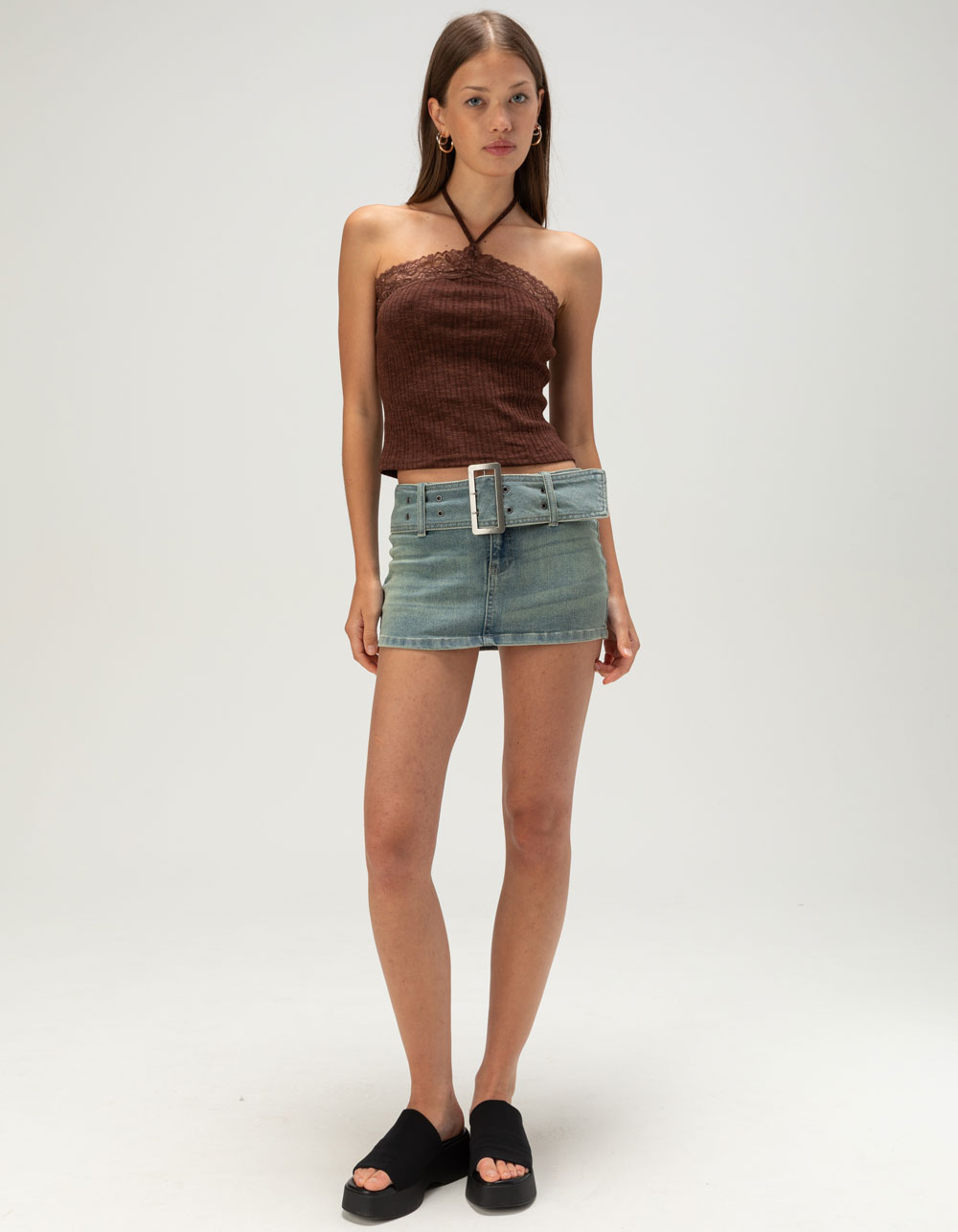 WEST OF MELROSE Lace Trim Y-Neck Womens Halter Top - BROWN