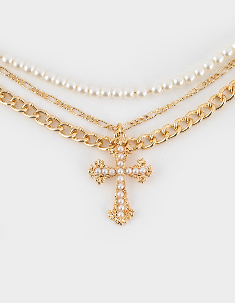 FULL TILT Layered Pearl Cross Necklace - GOLD