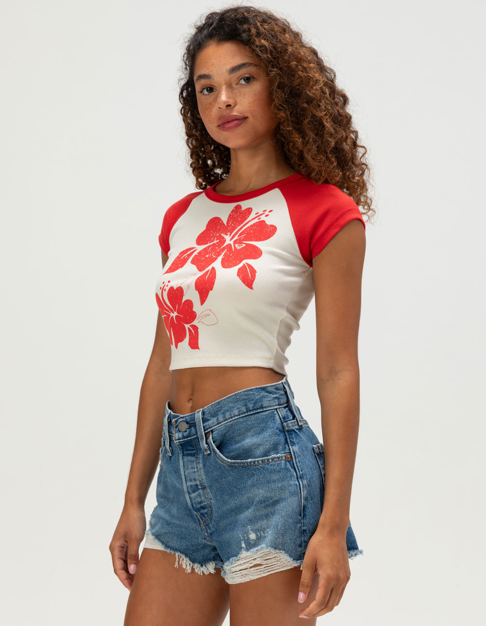 ROXY Vintage Hibiscus Womens Raglan Baby Tee - RED