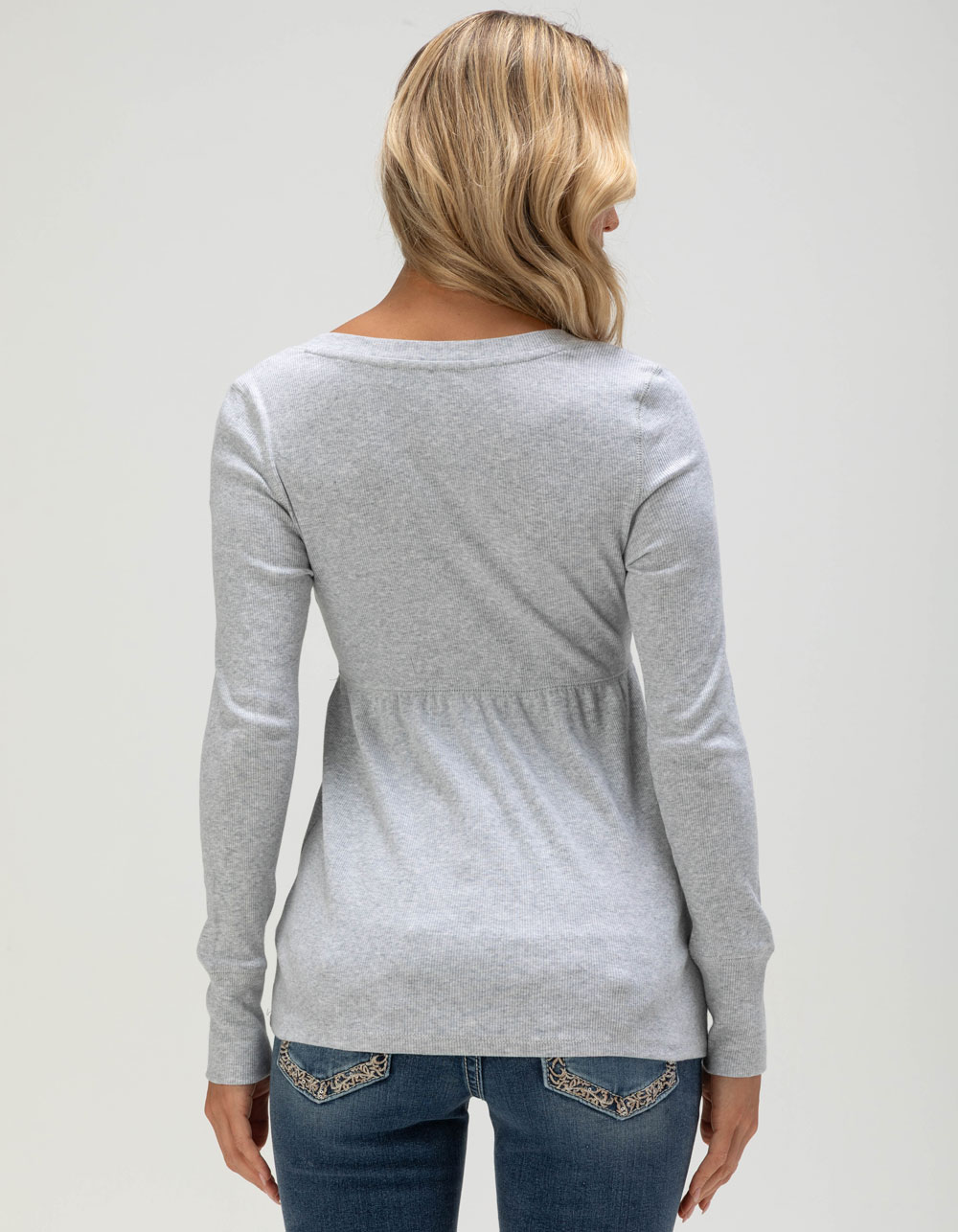 MADDEN GIRL Surplice Graphic Womens Long Sleeve Babydoll Top - HEATHER GRAY