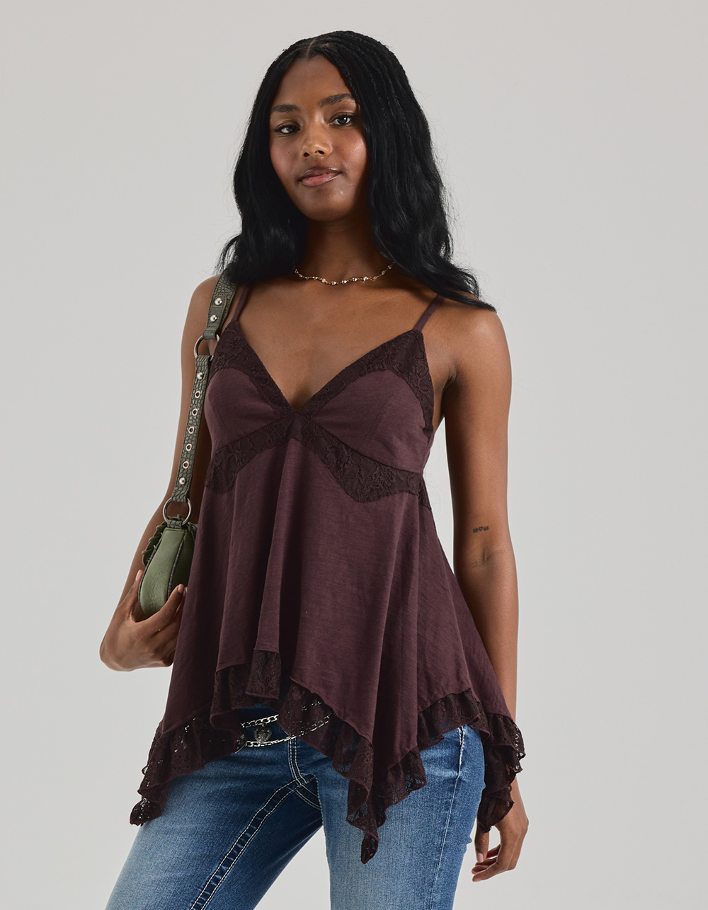 WEST OF MELROSE Womens Lace Trim Babydoll Top - BROWN