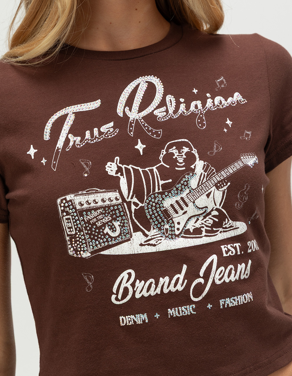 TRUE RELIGION Crystal Buddha Womens Baby Tee - BROWN