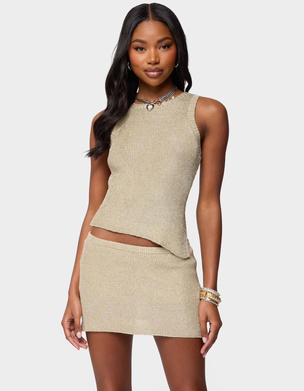 EDIKTED Goldy Asymmetric Metallic Knit Top - GOLD