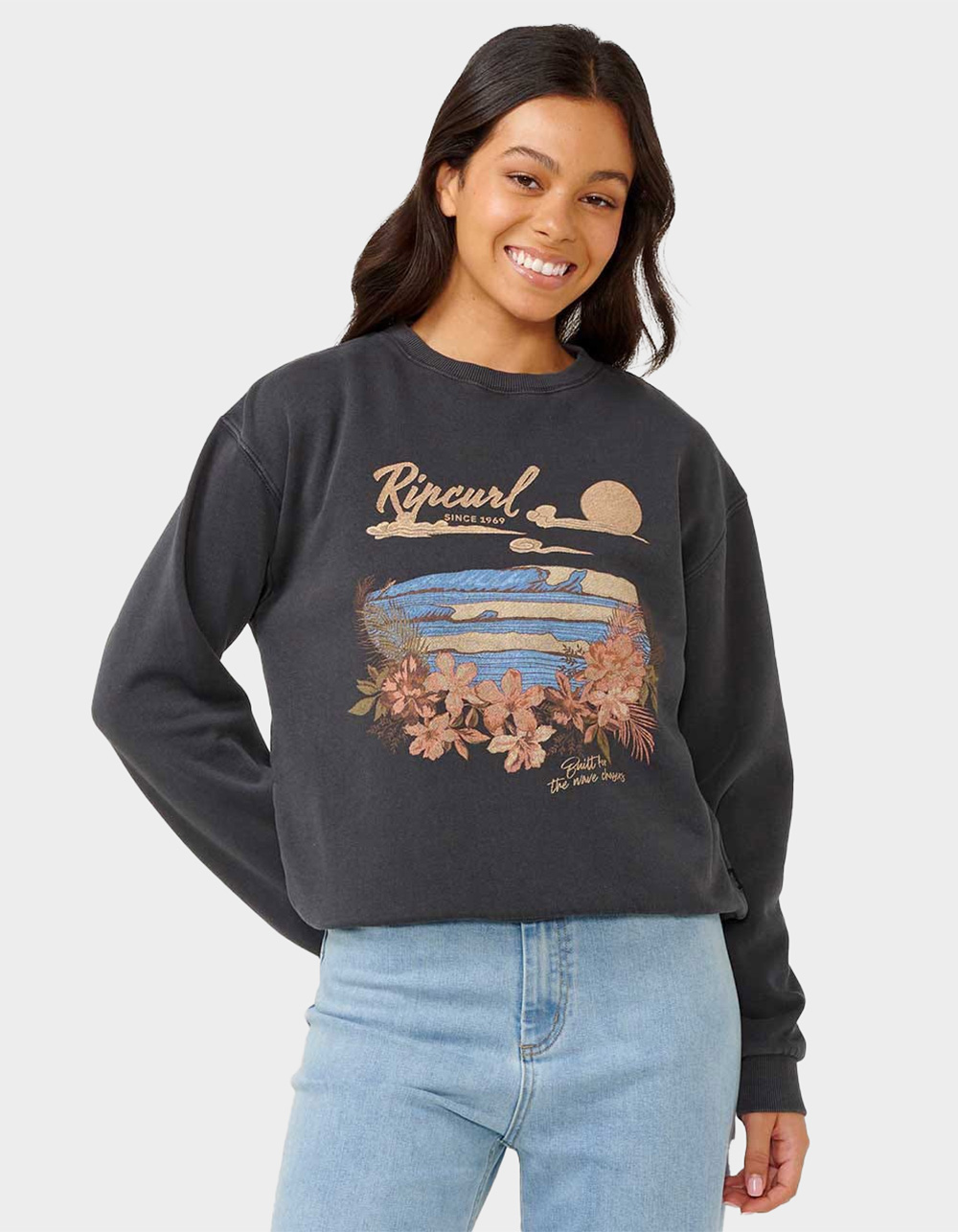 RIP CURL Wave Gliders Womens Relaxed Crewneck Sweatshirt - WASHED BLACK