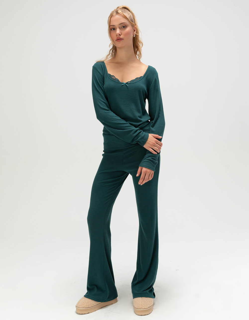 FULL TILT Brushed Lace Trim Womens Long Sleeve Top