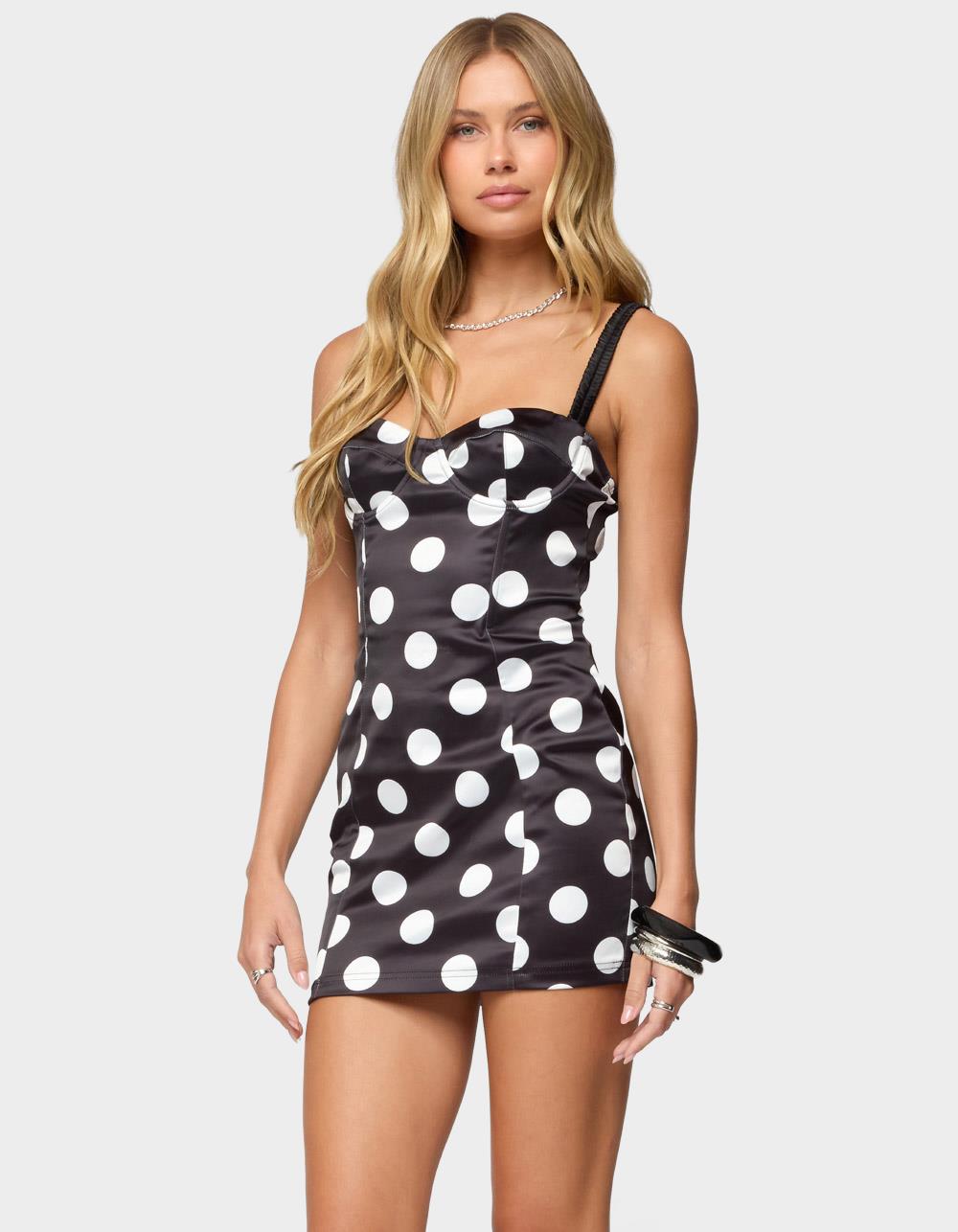 EDIKTED Polka Dot Cupped Satin Effect Mini Dress - BLACK
