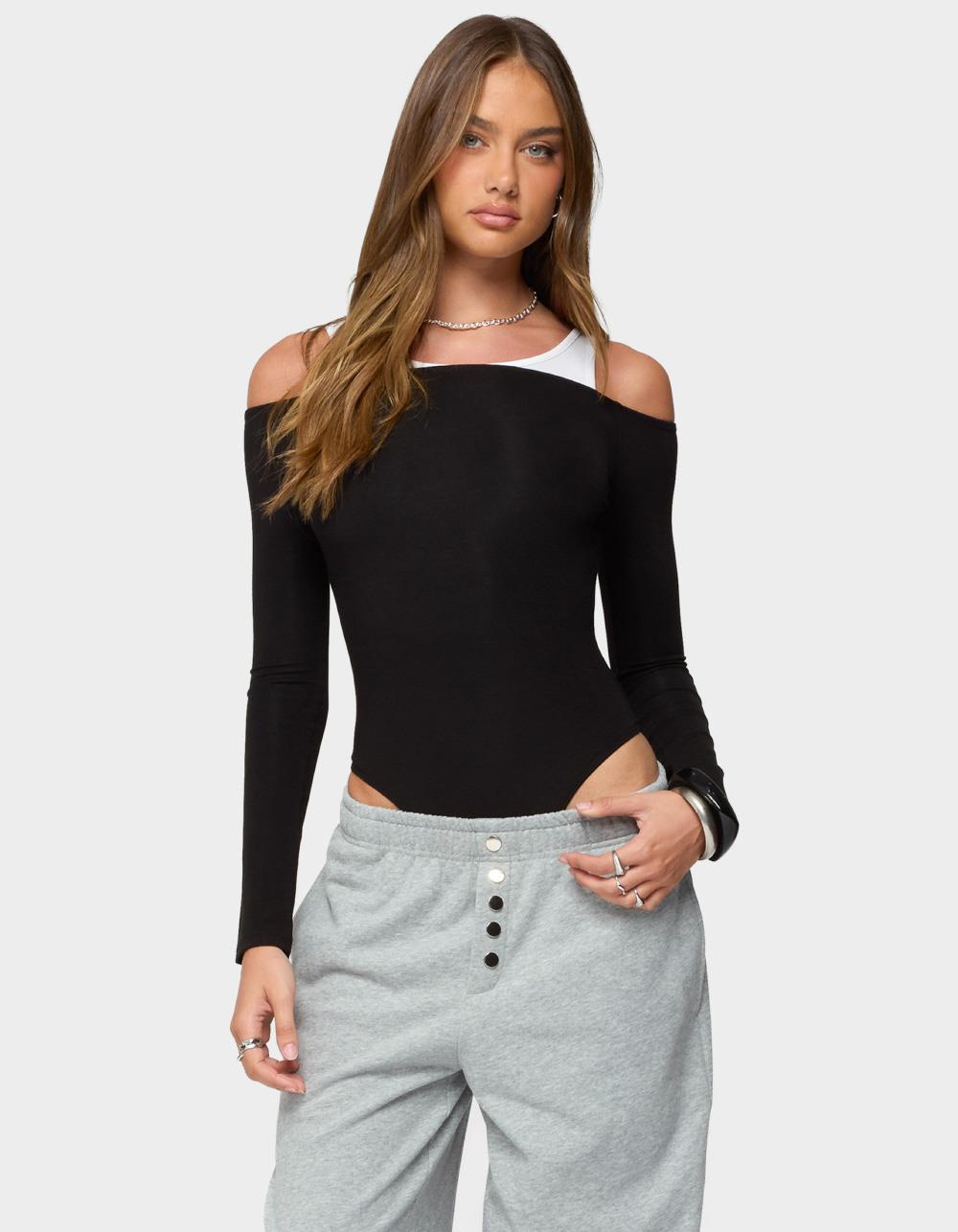 EDIKTED Layered Ribbed Off Shoulder Bodysuit - BLACK