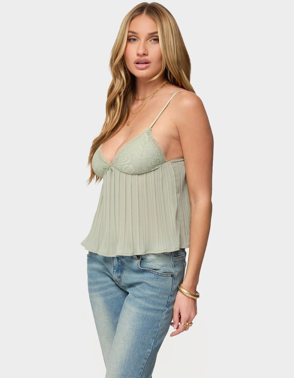 EDIKTED Rhian Lacey Pleated Babydoll Top - DK GREEN