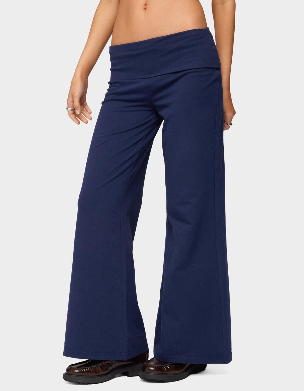 EDIKTED Petite Wide Leg Fold Over Pants - NAVY
