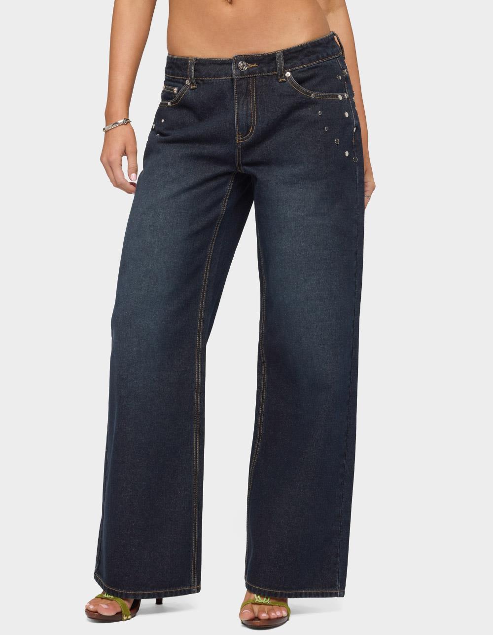 EDIKTED Spiral Studded Low Rise Baggy Jeans - DARK BLUE
