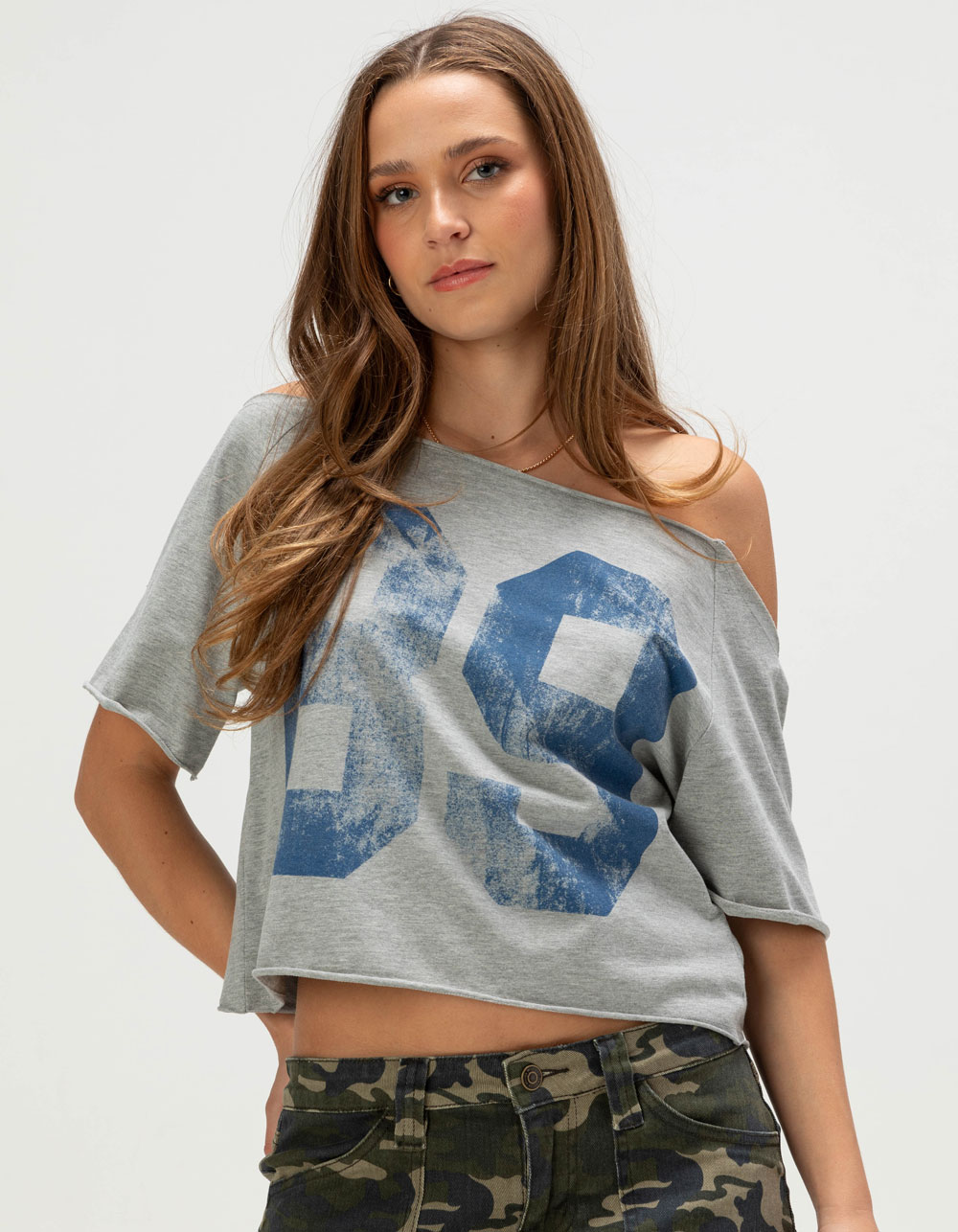 BDG Urban Outfitters 89 Slash Womens Off The Shoulder Tee - GRAY