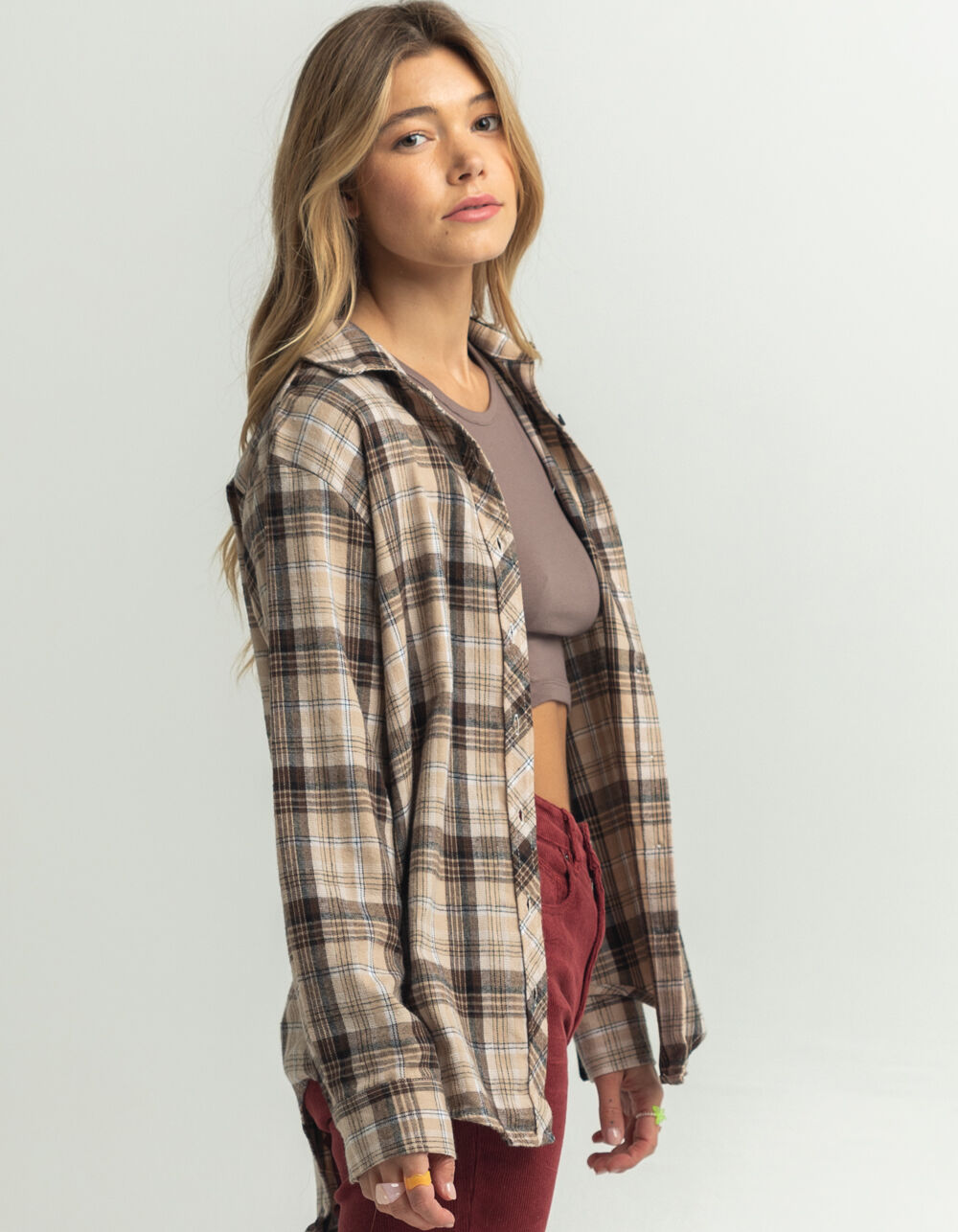 LIFE Womens Plaid Oversized Flannel - TAN COMBO | Tillys