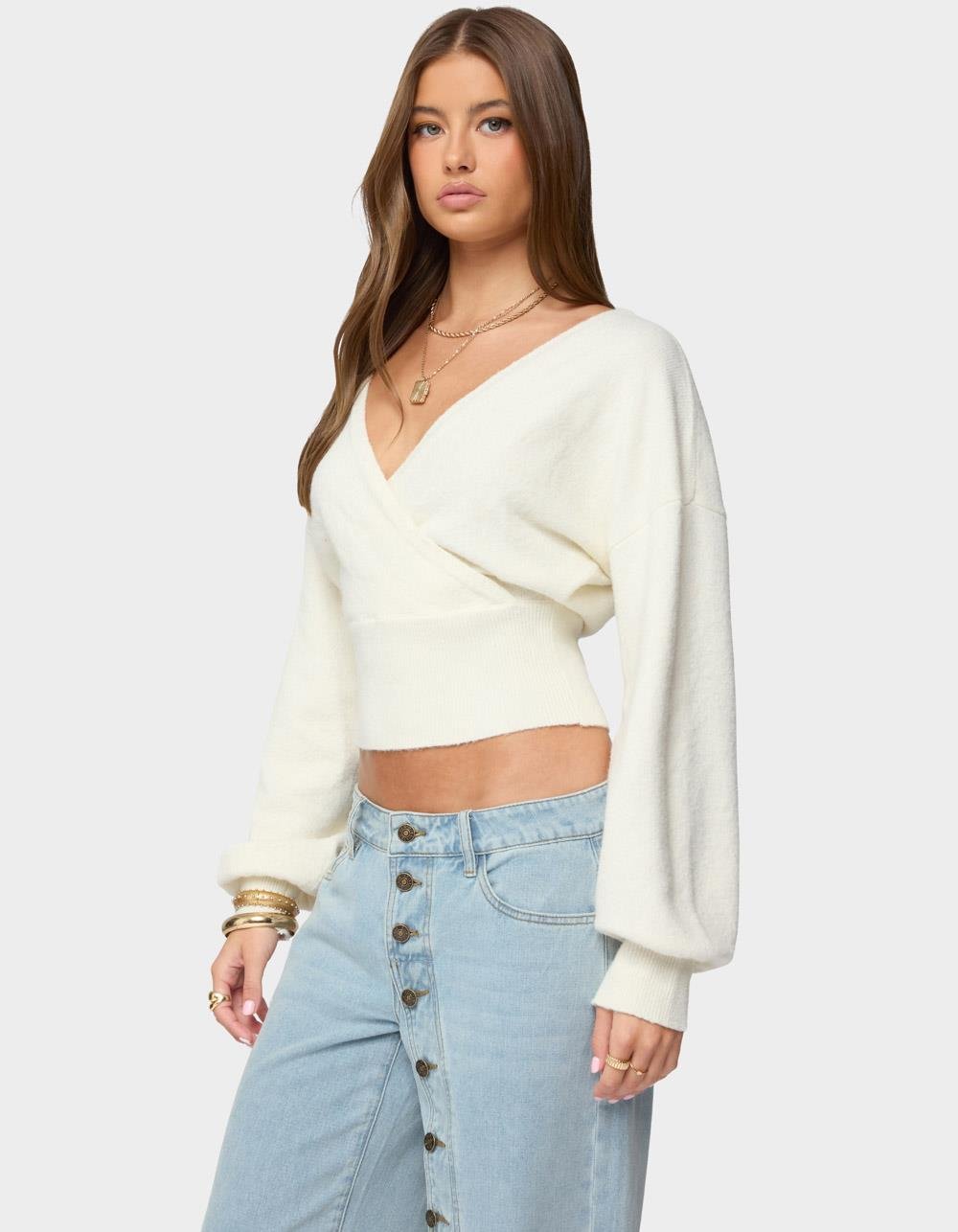 EDIKTED Lillia V-Neck Wrap Sweater - WHITE