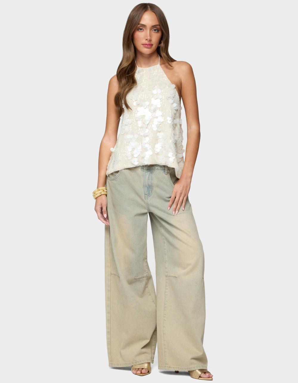 EDIKTED Ellorie Backless Sequin Halter Top - BEIGE