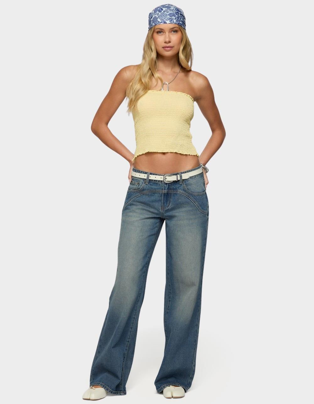 EDIKTED Ronny Curved Stitch Low Rise Jeans - LIGHT BLUE