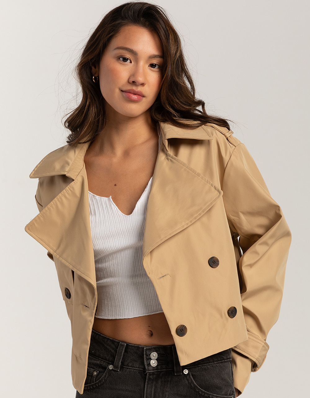 STOOSH Womens Crop Trench Coat LIGHT TAN Tillys