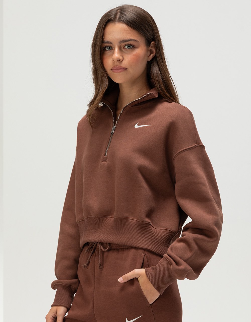 NIKE Sportswear Phoenix Fleece Womens Half-Zip Cropped Sweatshirt - BROWN