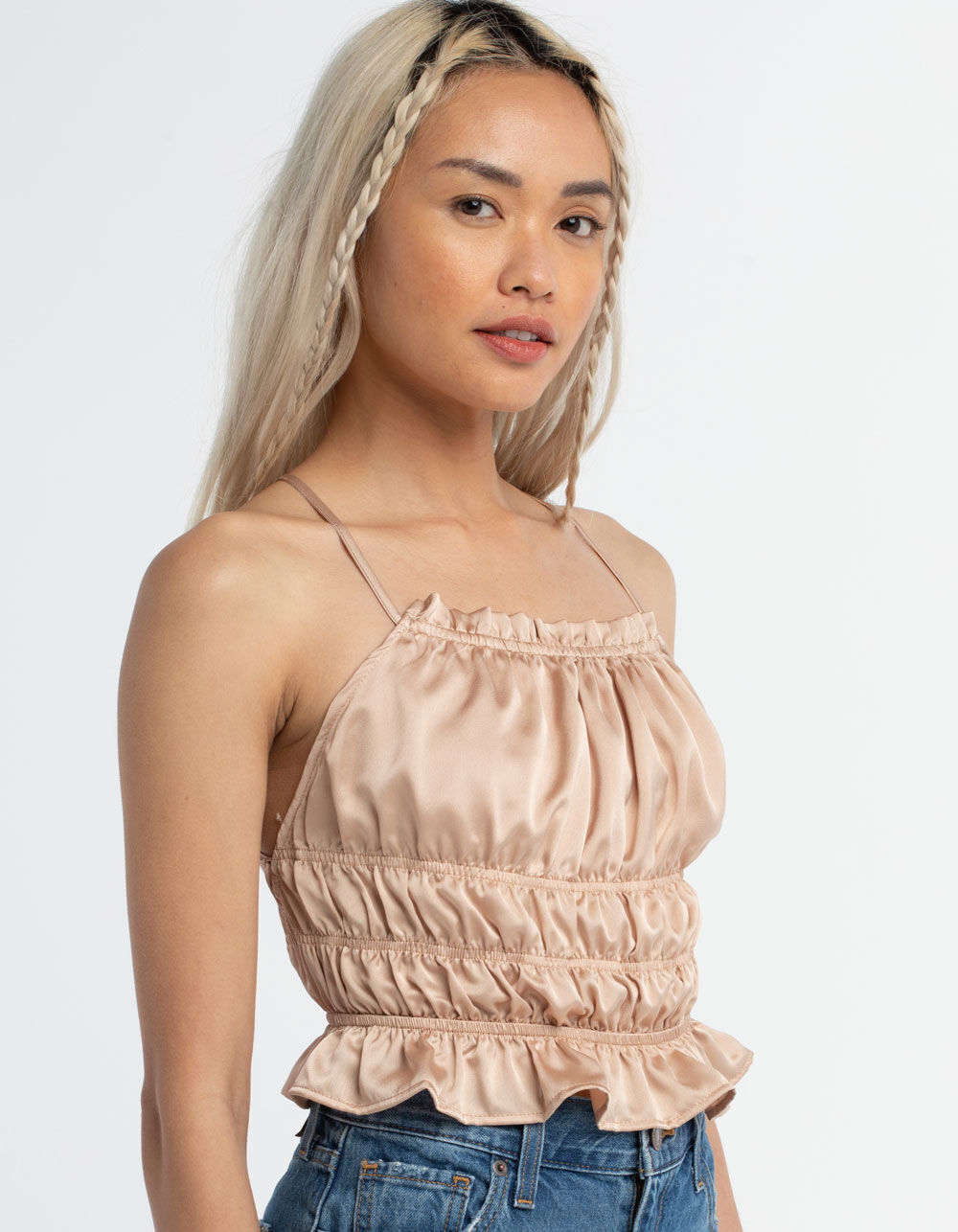 WEST OF MELROSE Satin Ruched Open Back Top