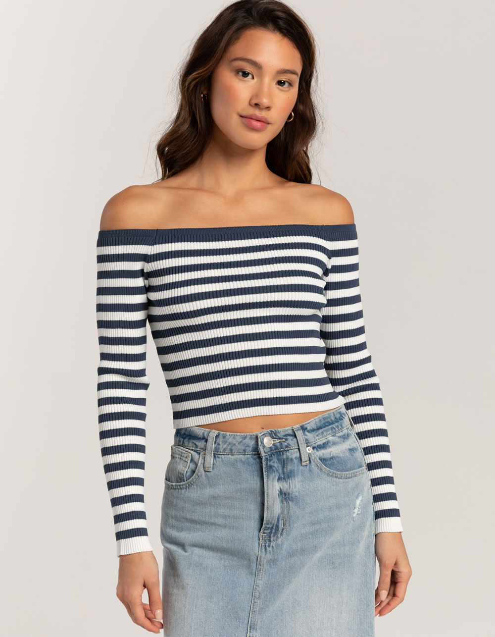 Off Shoulder Long Sleeve Striped Bandage Top&Bodysuit