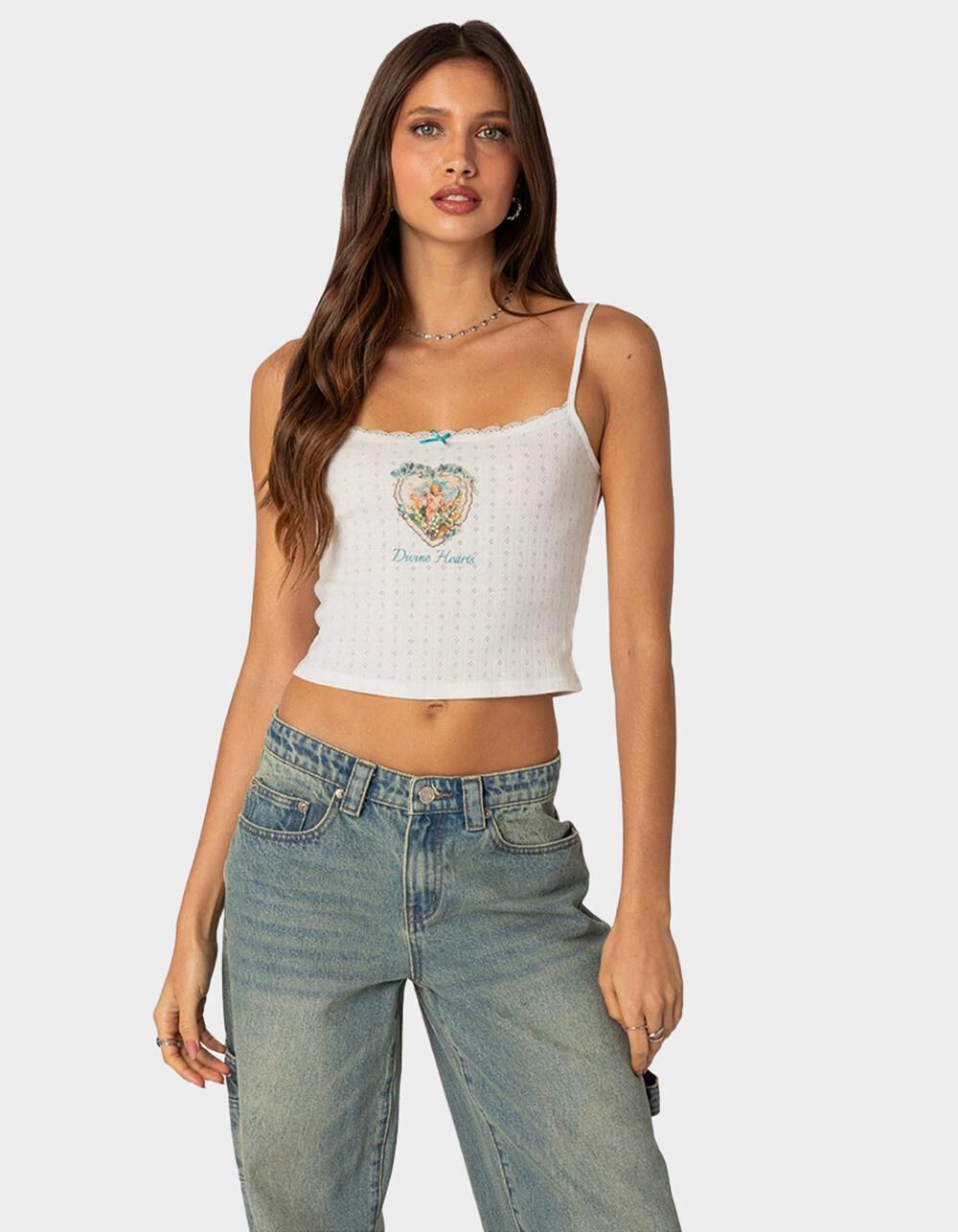 EDIKTED Divine Hearts Pointelle Womens Tank Top