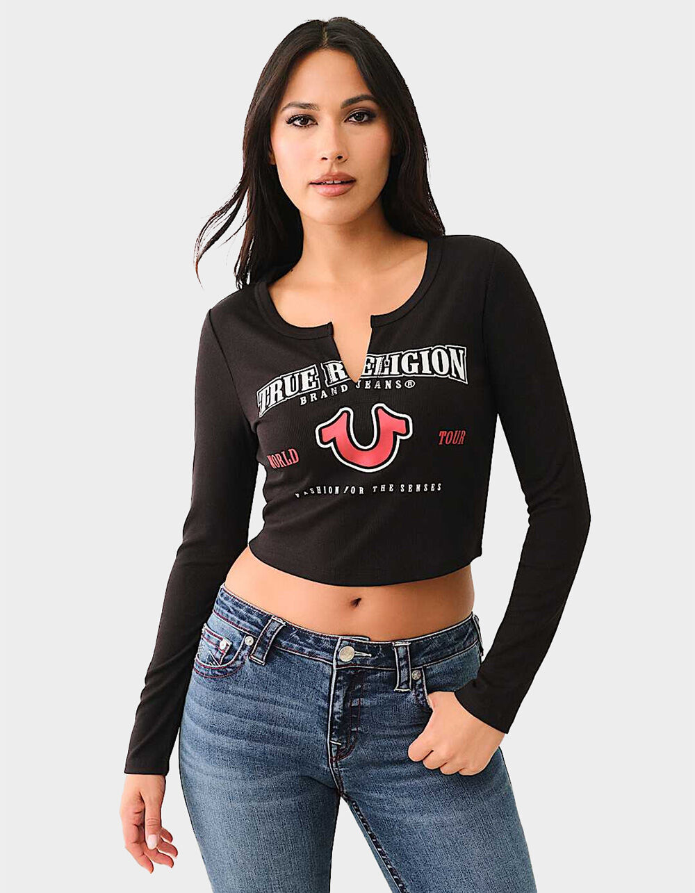 TRUE RELIGION Horseshoe Logo Rib Womens Long Sleeve Baby Tee
