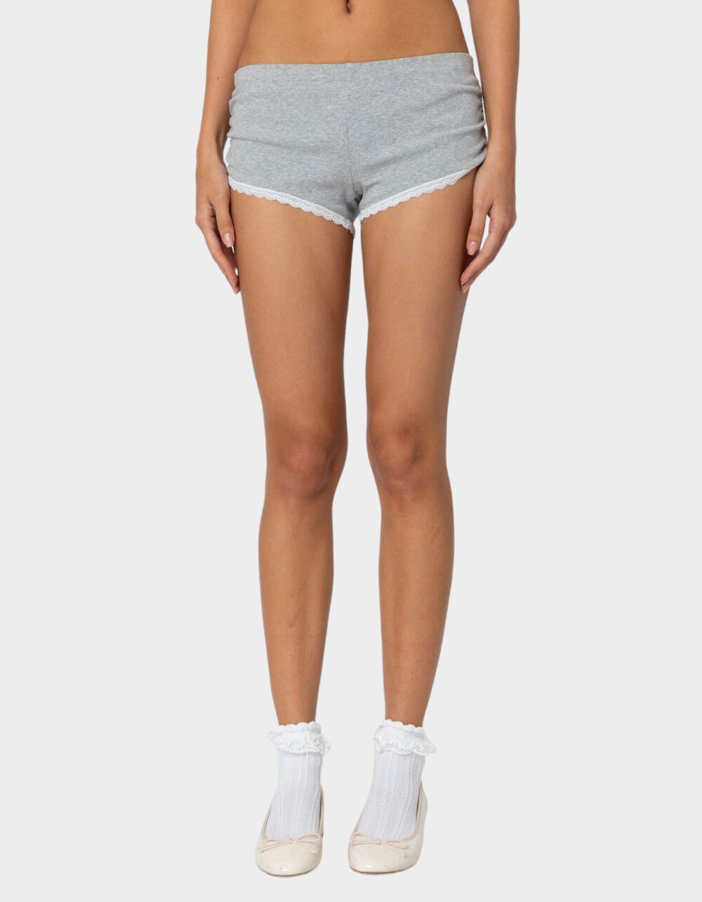 EDIKTED Kadence Ruched Lace Trim Shorts