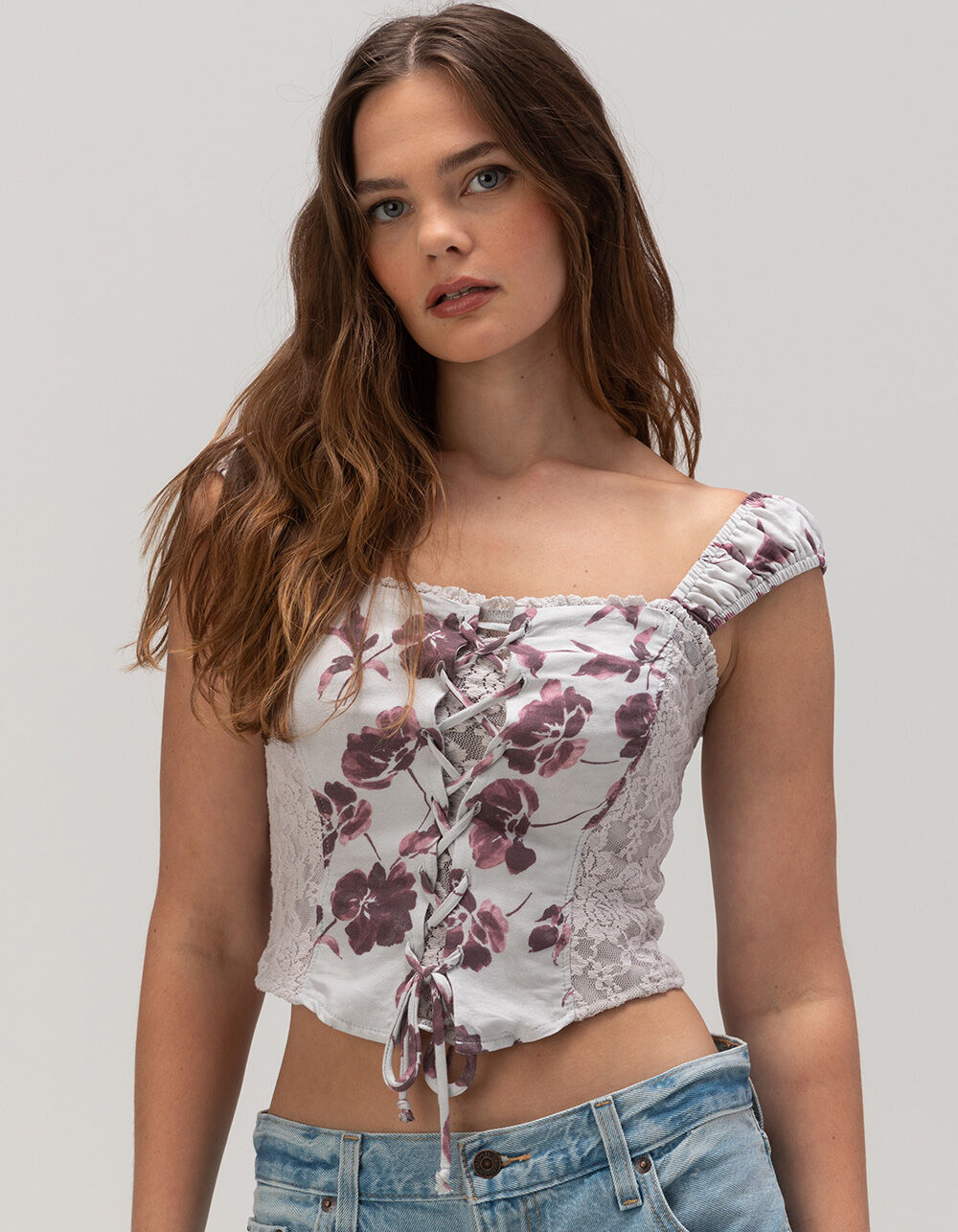 WEST OF MELROSE Floral Lace Tie Front Womens Top