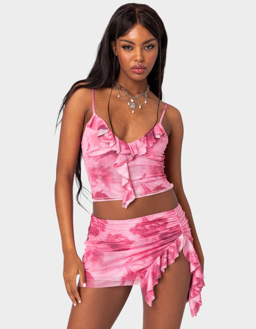 EDIKTED Wanda Printed Mesh Ruffled Tank Top