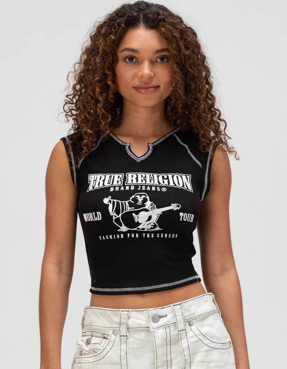 TRUE RELIGION Ribbed World Tour Notch Womens Baby Tee