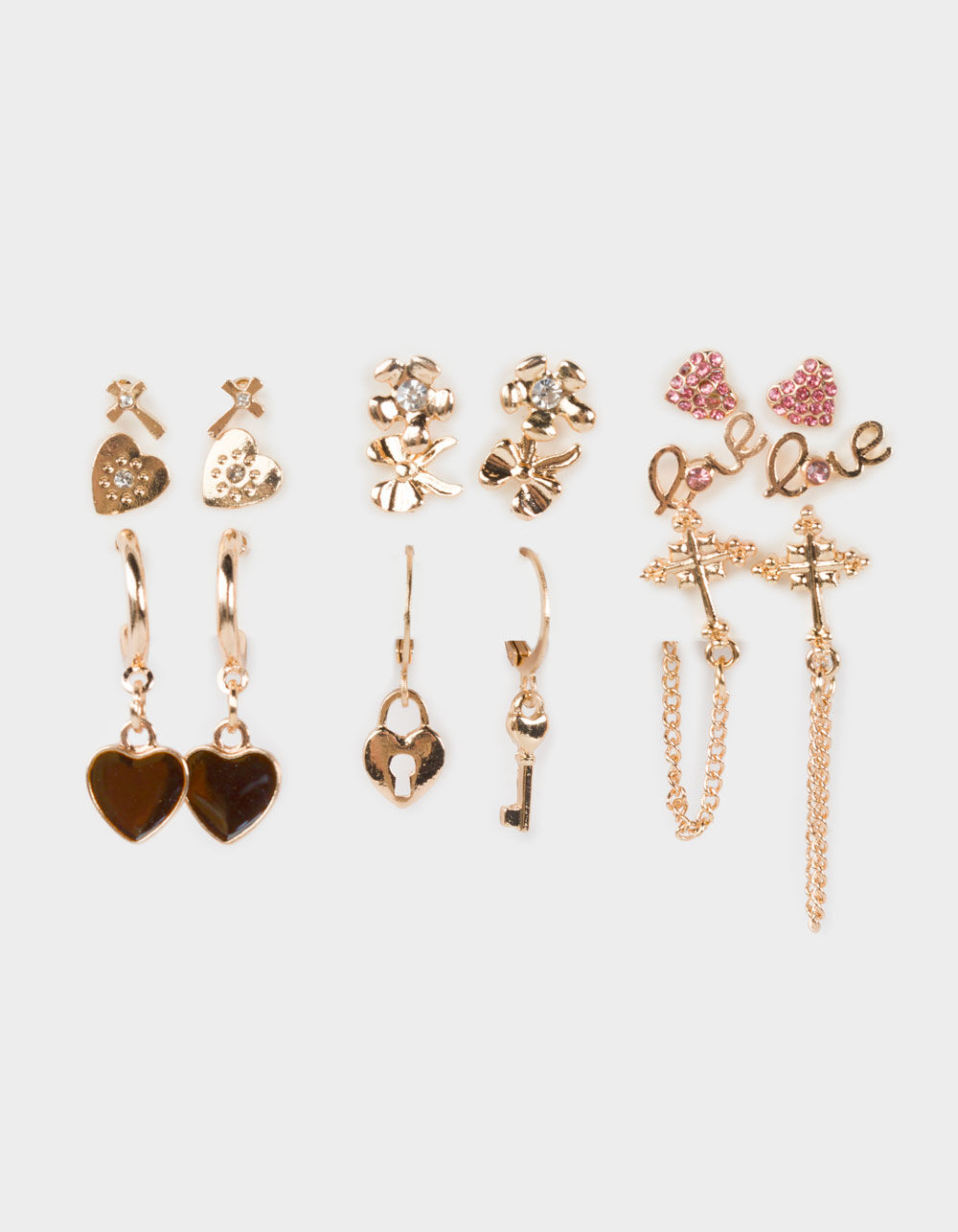 FULL TILT 9 Pack Heart/Cross/Bow Hoop Earring Set