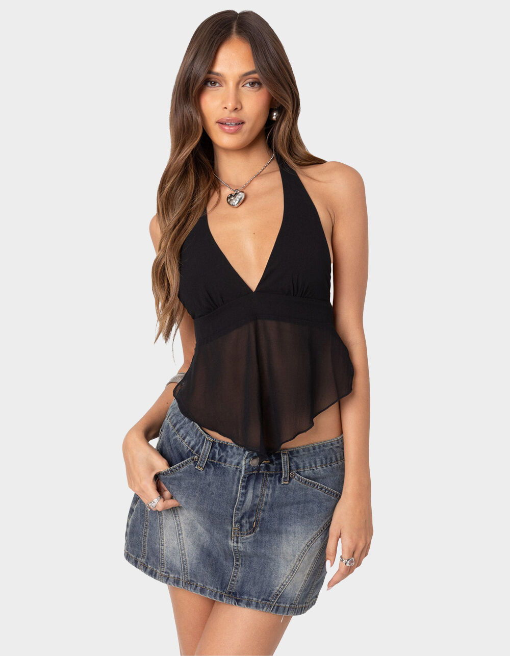 EDIKTED Ethereal Sheer Chiffon Halter Top