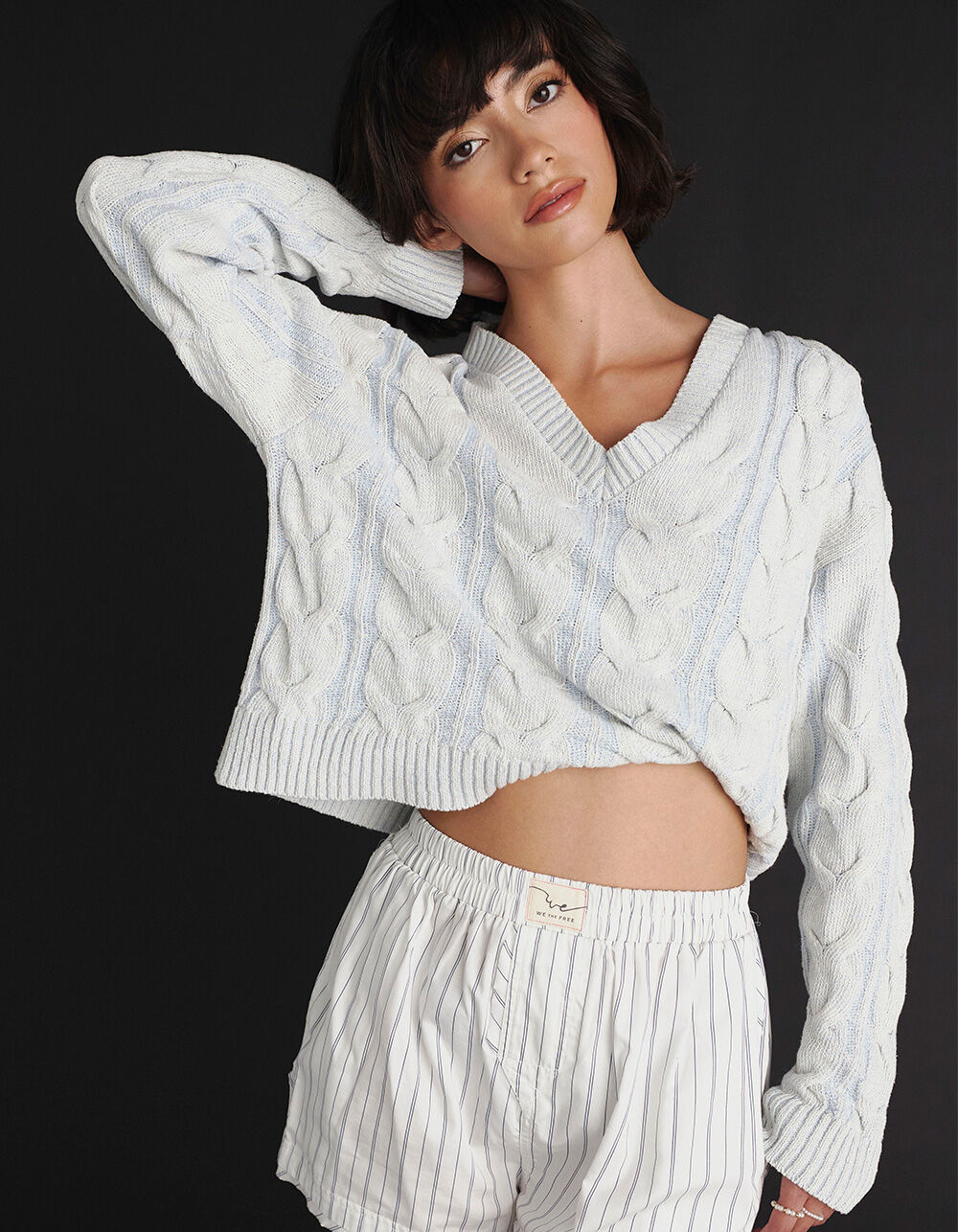 FREE PEOPLE Washed Cable Knit Womens V-Neck Sweater