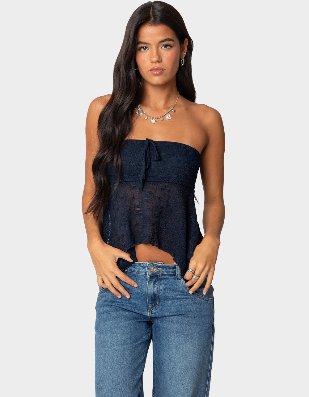 EDIKTED Embroidered Sheer Strapless Top