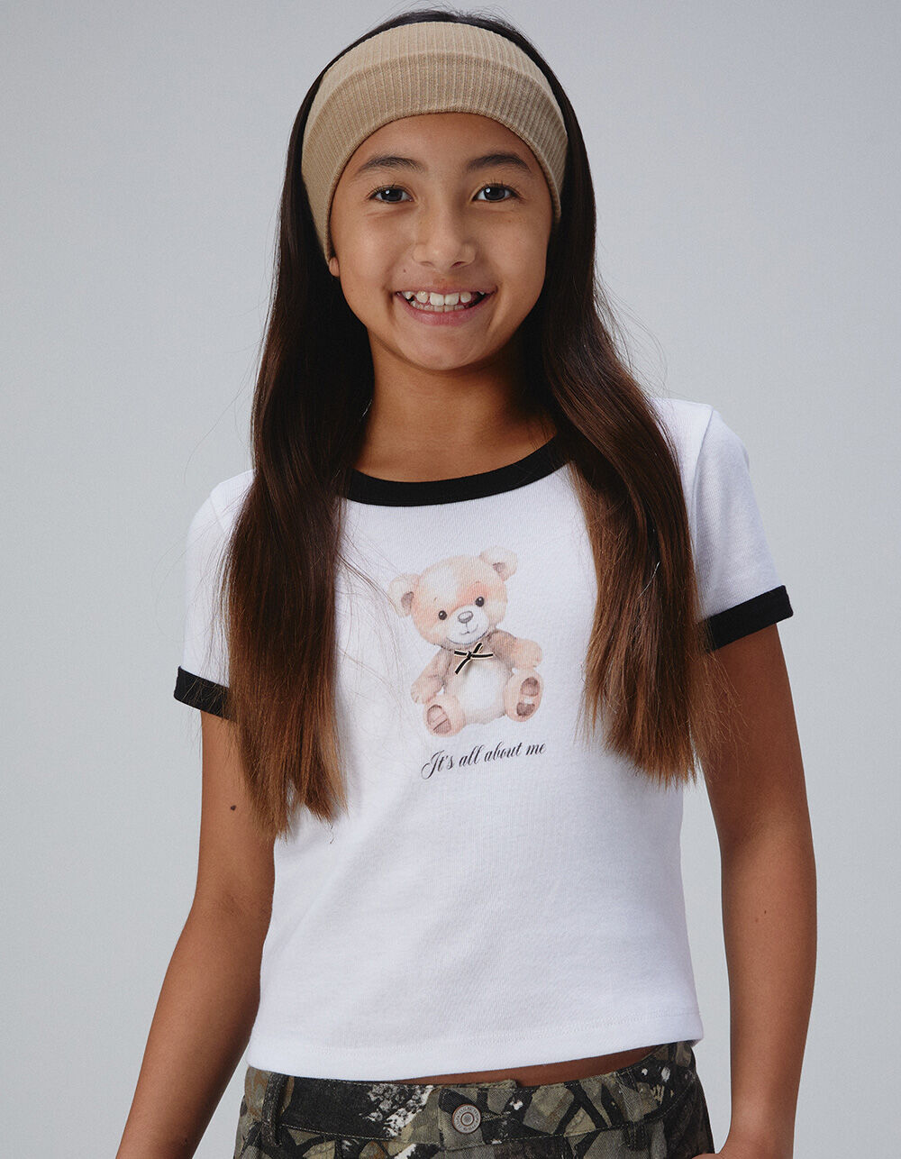 FULL TILT Bear With Bow Girls Ringer Tee