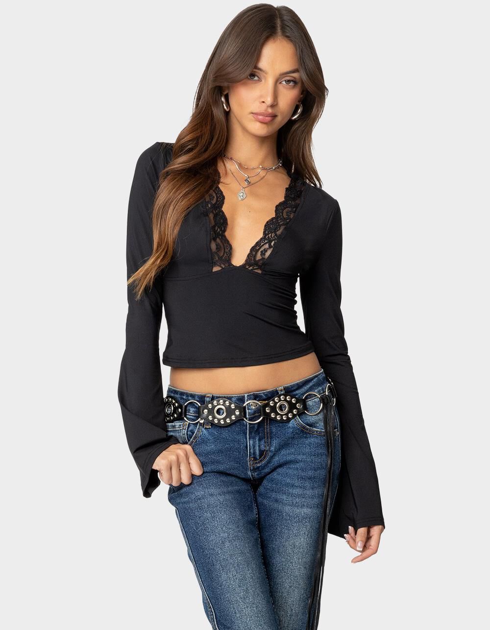 EDIKTED Tina Lacey Plunge Neck Top