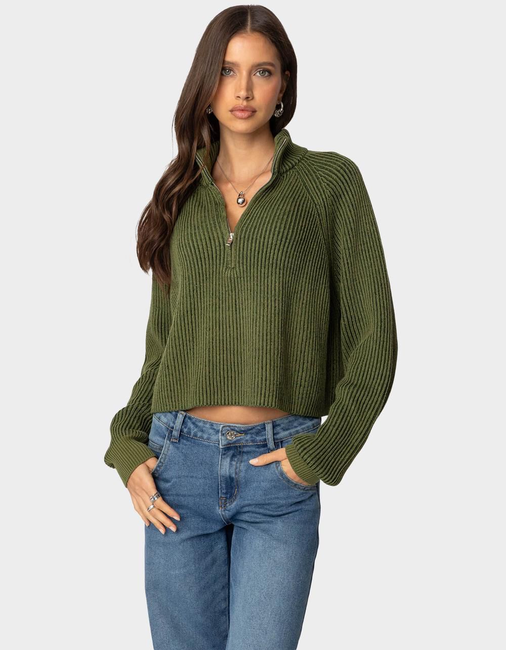 EDIKTED Cropped Rib Knit Half Zip Sweater