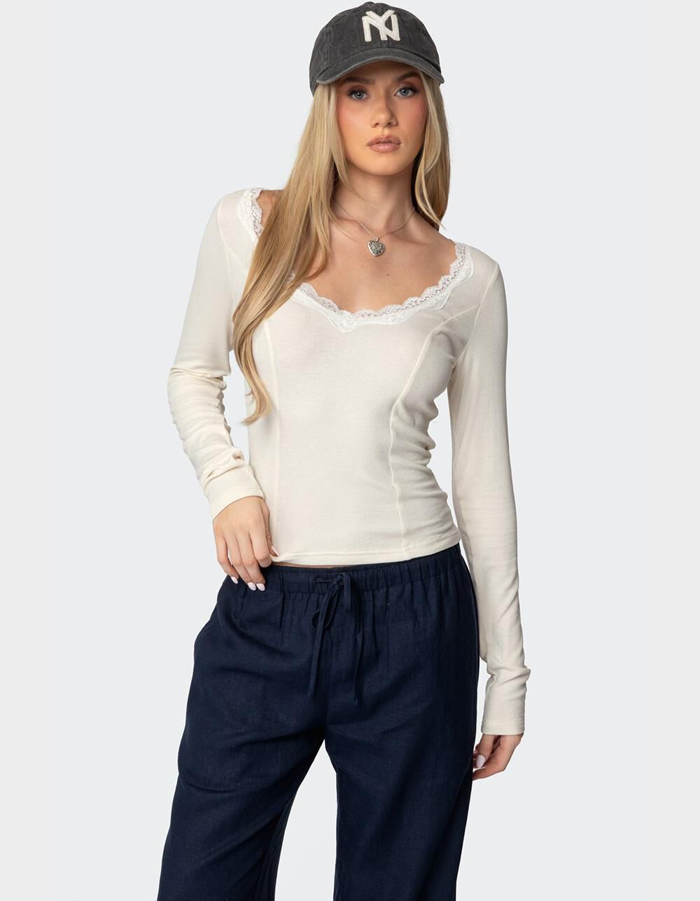 EDIKTED Mel Lace Trim V-Neck Top